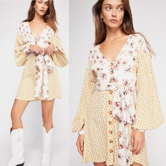 Free People Wonderland‎ Mini Dress Button Down Tie Waist Floral Size XS Bohemian - Picture 1 of 16